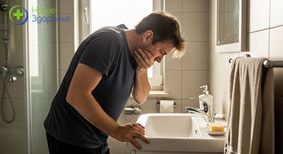 Мужчину тошнит и он прикрывает рот рукой